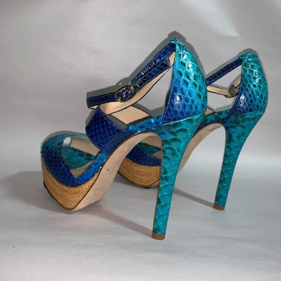 Alexandre Birman Blue Python Leather Platform Heels Pumps Sandals Shoes 7.5 - Picture 3 of 10